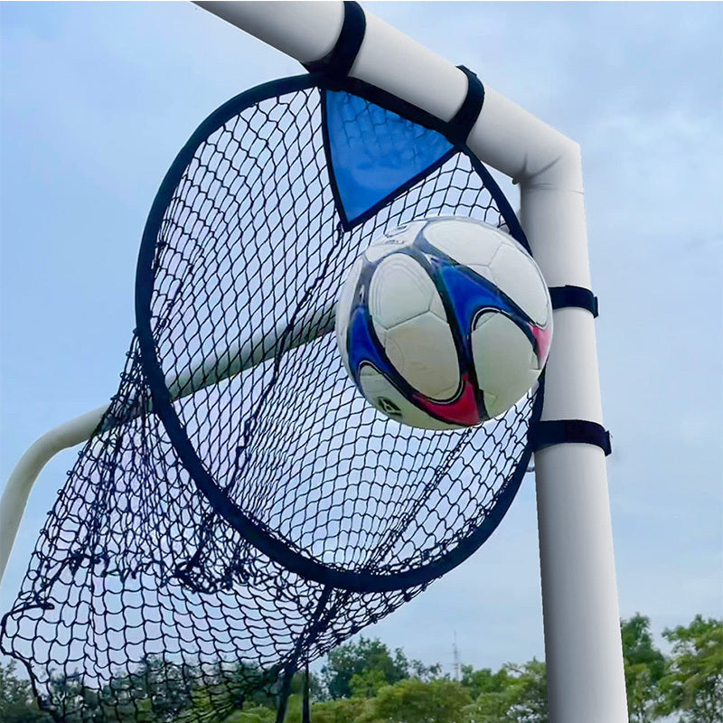 Soccer ball in a goal net with a clear blue sky background