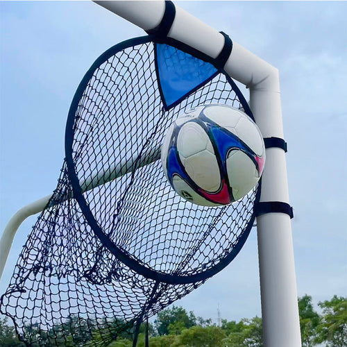 Soccer ball in a goal net with a clear blue sky background